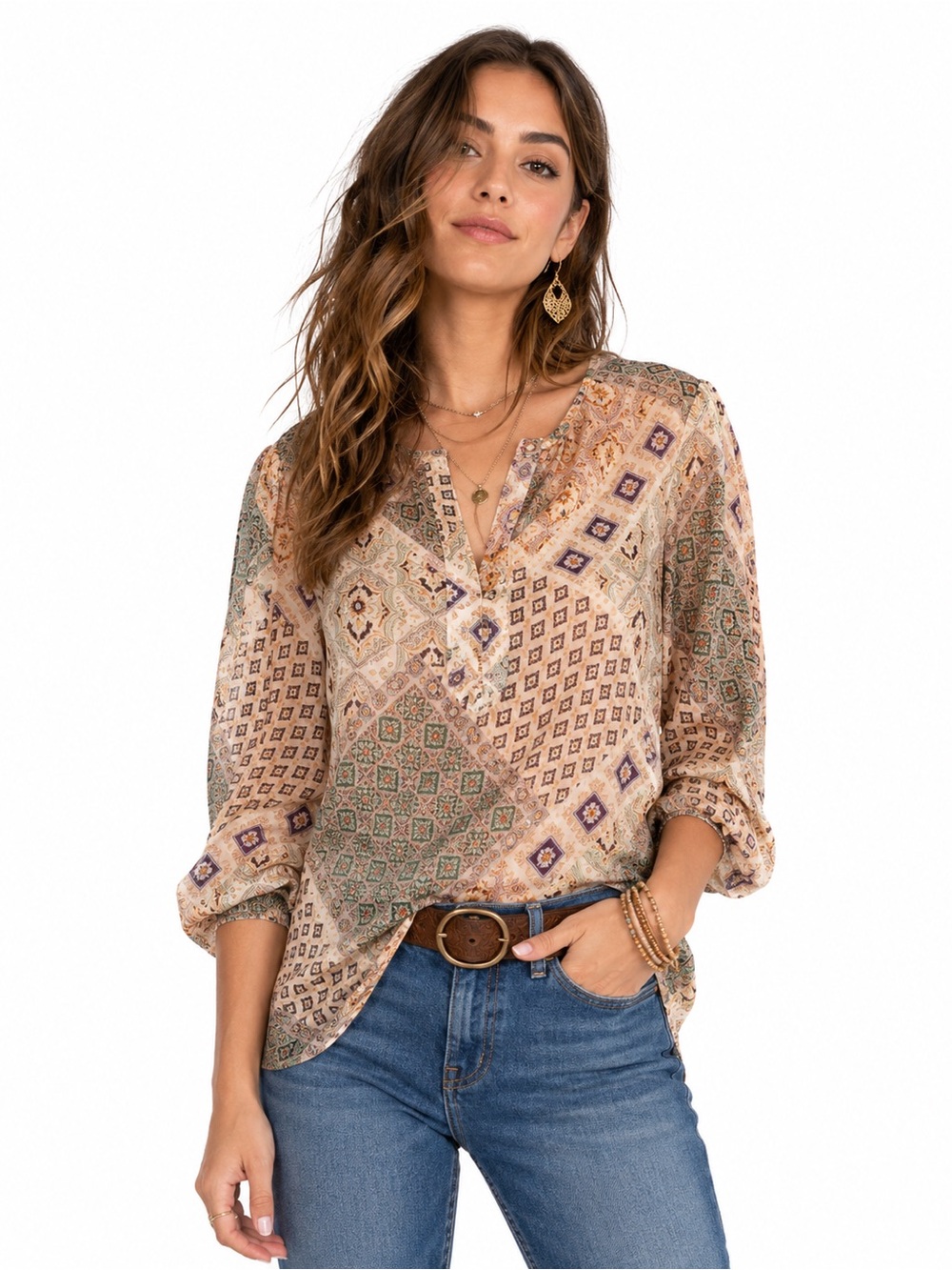 JOHNNY WAS Jade Samahil Semi-Sheer Metallic Peasant Top S